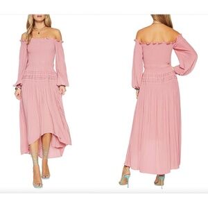 RAMY BROOK | Off The Shoulder Anita Smocked Ruffled Midi Dress in Pink | Size XS